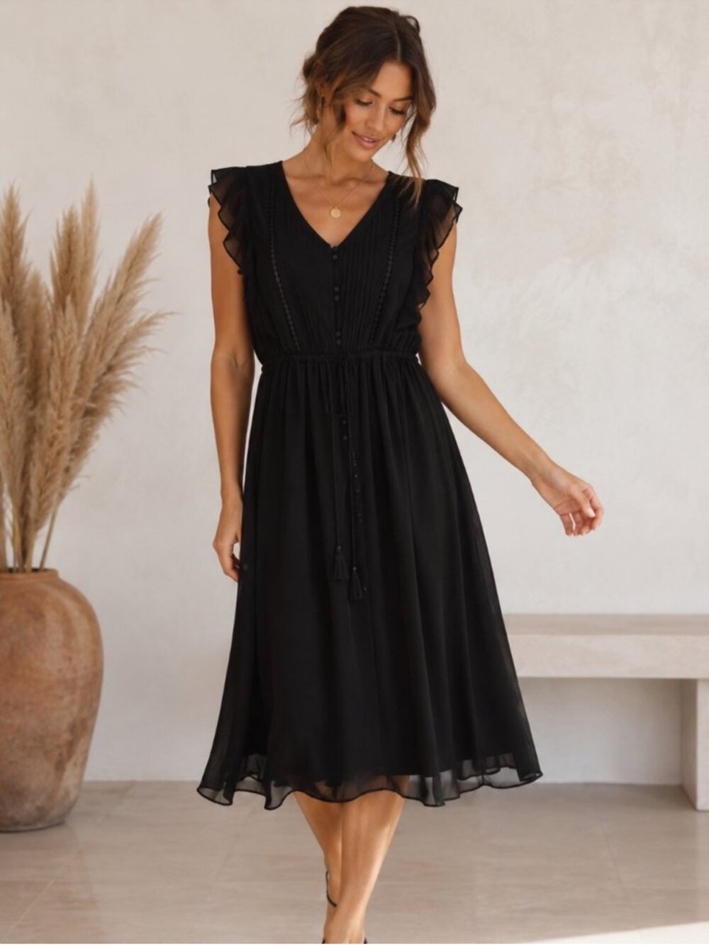 Abercrombie & Fitch Black Ruffle-Trim Tie-Waist Midi Dress